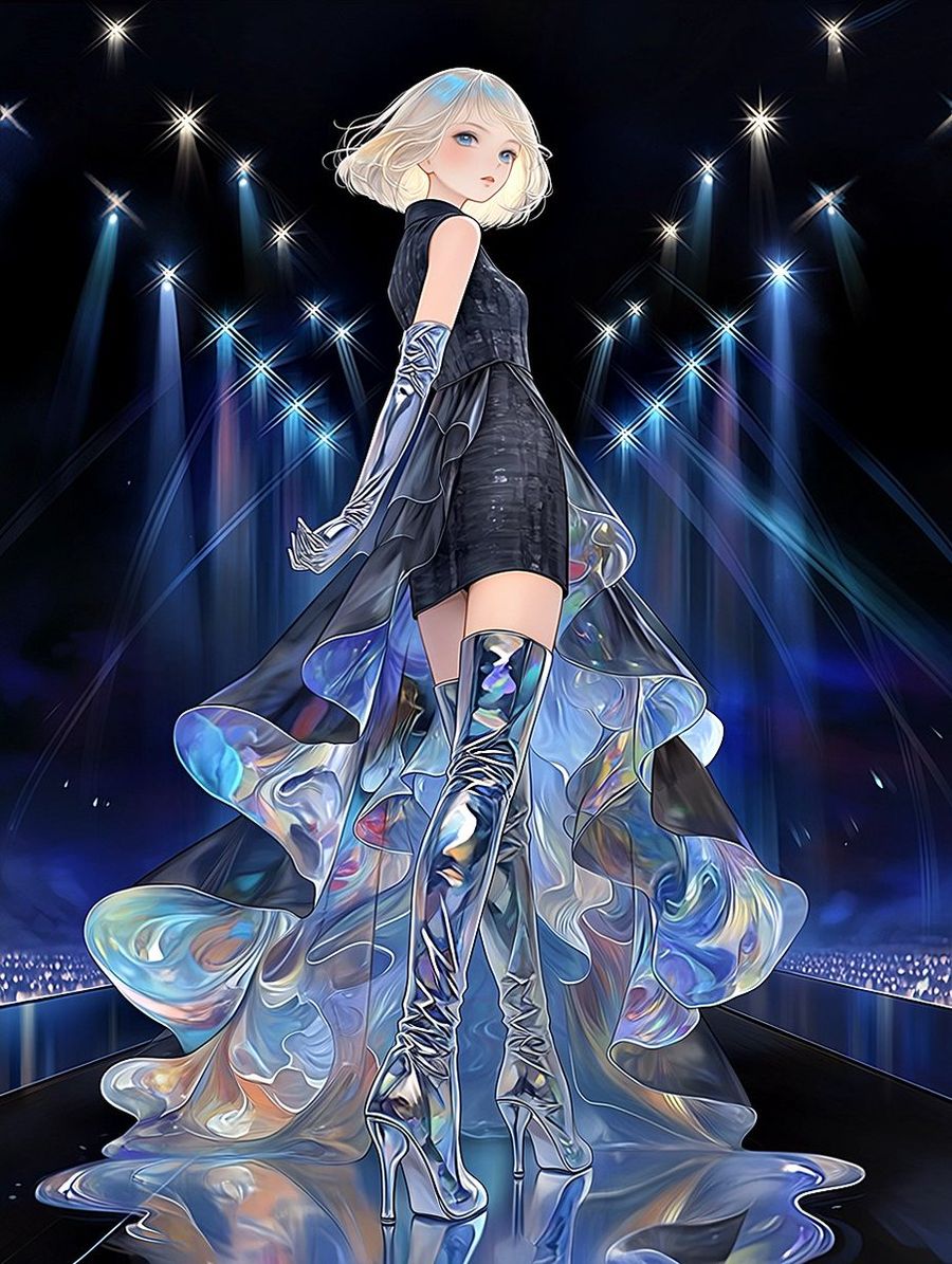 Modella da passerella in cromo liquido