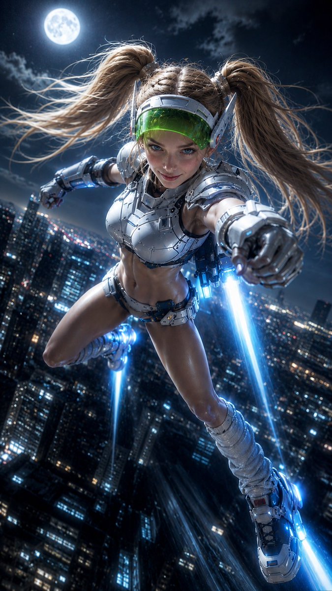 Vuelo de superheroína cibernética bajo la luz de la luna