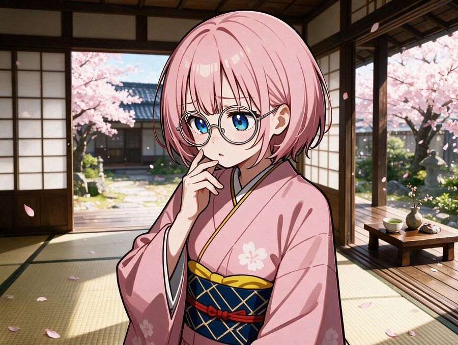 Chica con kimono y cabello rosa en una habitación con cerezos