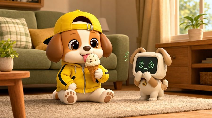 Escena de un perrito y un perro robot comiendo helado