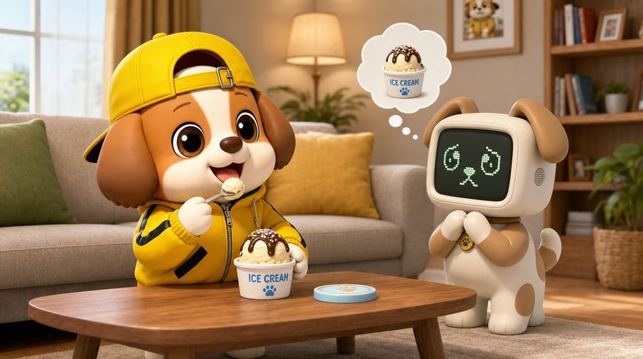 Escena de un perrito y un perro robot comiendo helado