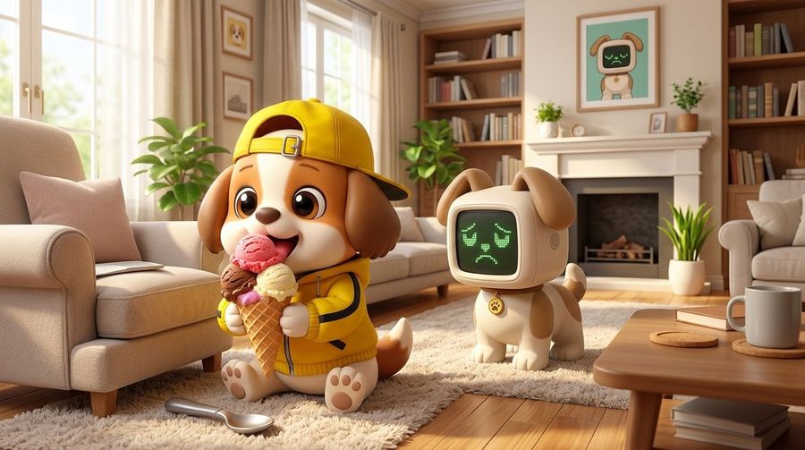 Escena de un perrito y un perro robot comiendo helado