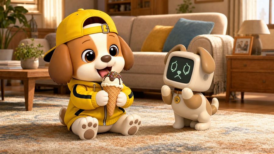 Escena de un perrito y un perro robot comiendo helado