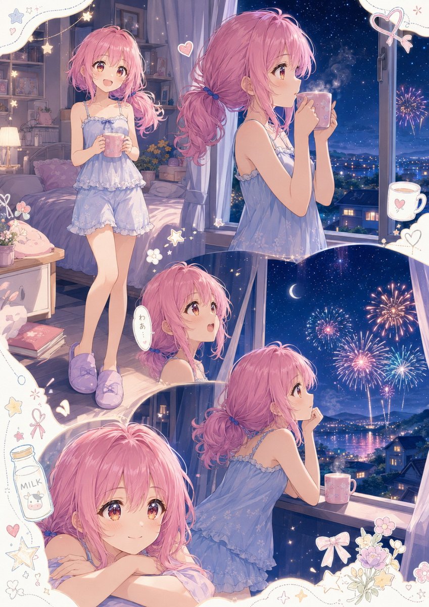 Colagem de Anime: Noite de Verão com Fogos de Artifício