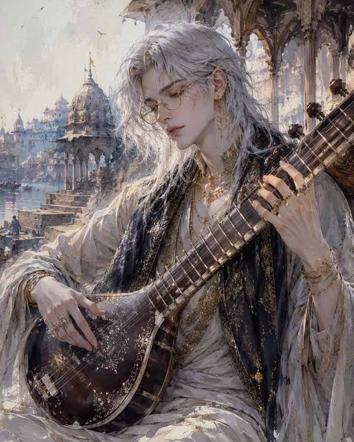 Ethereal Androgynous Musician in Ancient Ruins