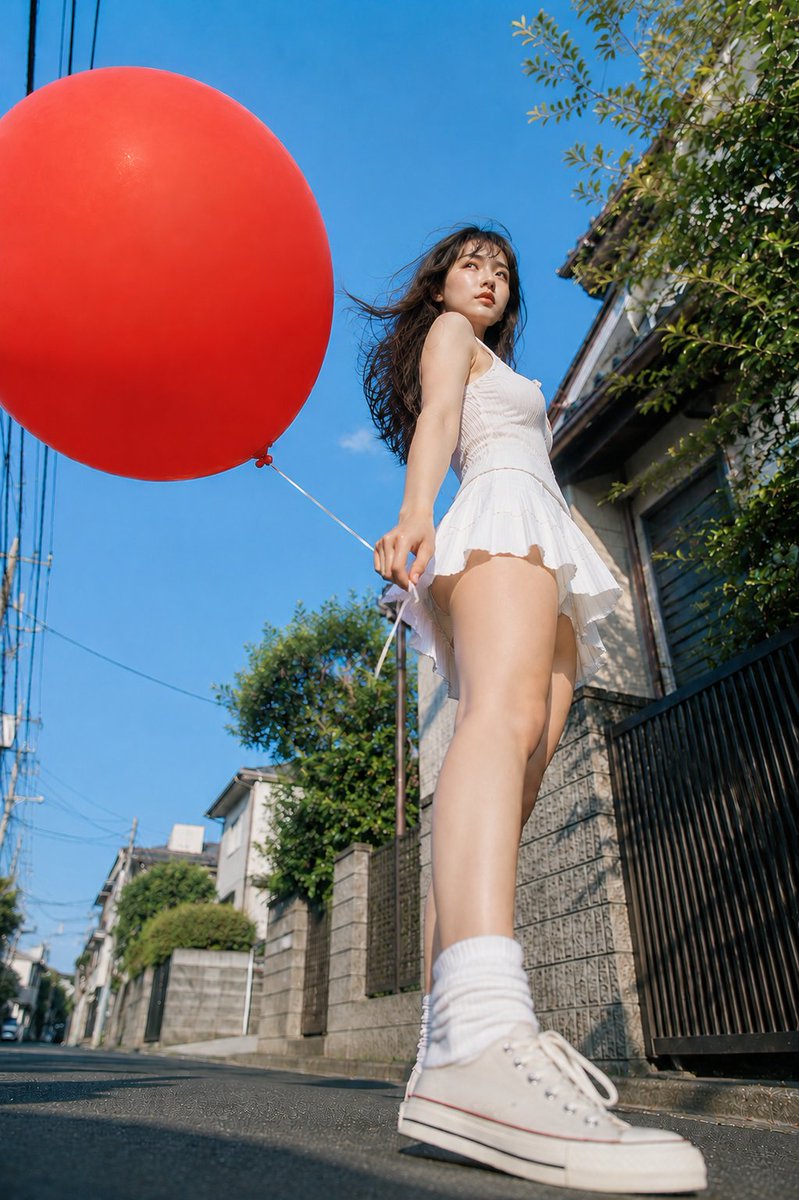 Retrato veraniego con globo desde ángulo contrapicado