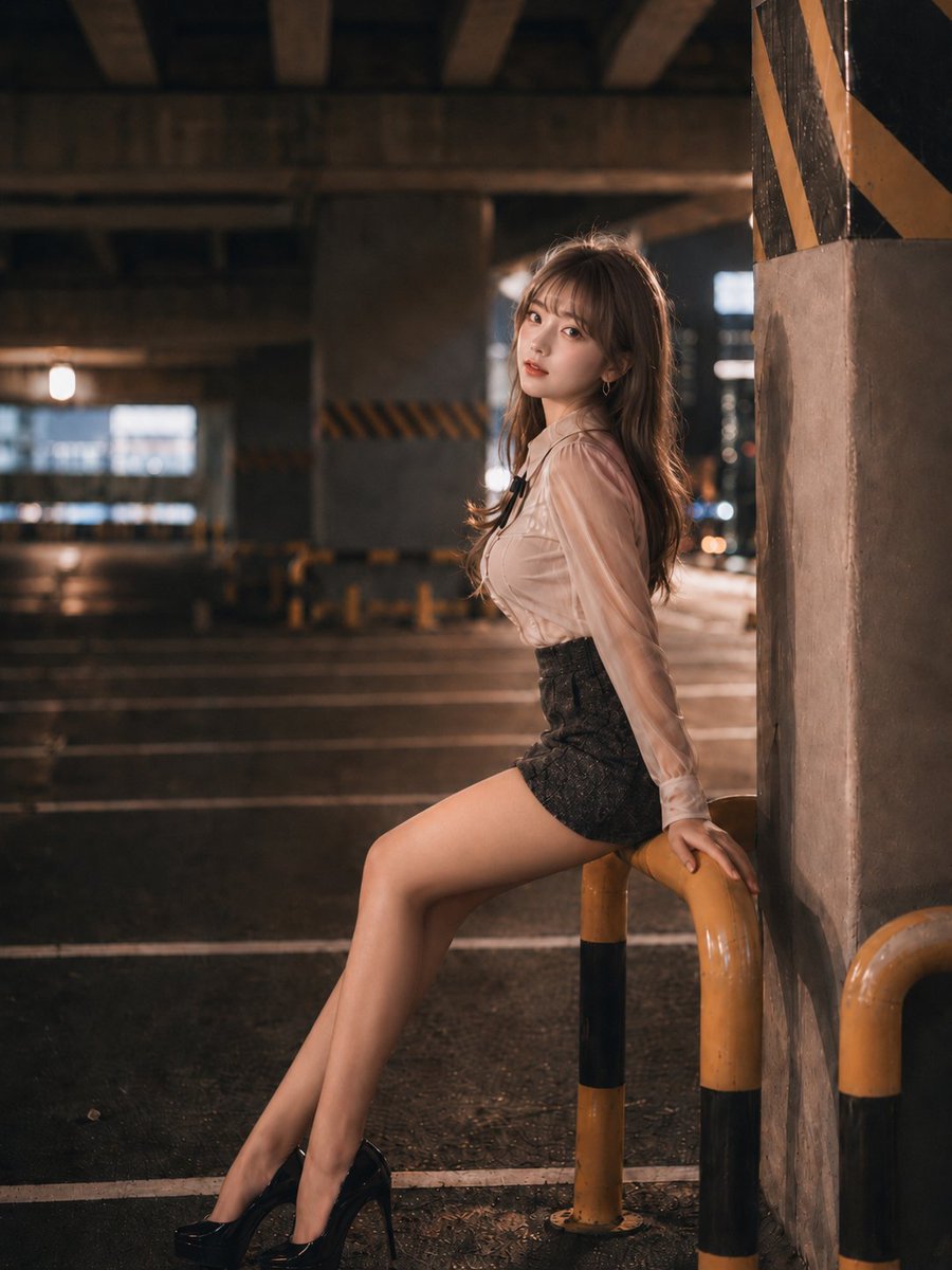ภาพถ่ายแฟชั่นพอร์ตเทรตในลานจอดรถยามค่ำคืน