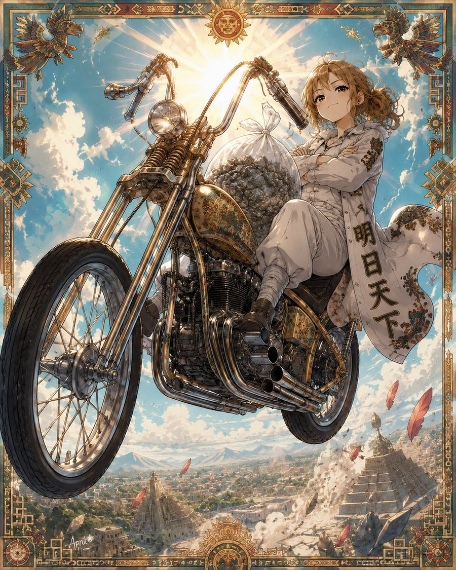 Motarde anime céleste dans une cité antique