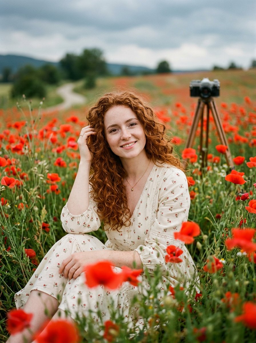 Mulher ruiva em um campo de papoulas
