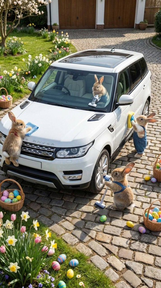 Des lapins qui nettoient une voiture