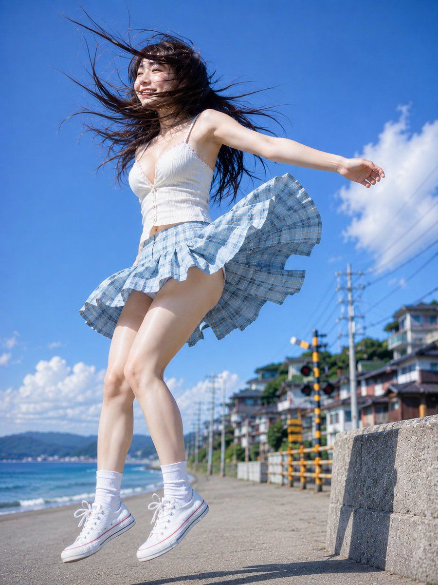 ภาพถ่ายพอร์ตเทรตกระโดดรับลมทะเลช่วงฤดูร้อน
