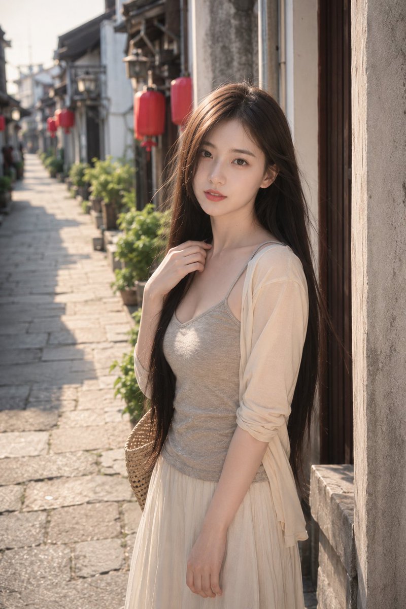 Retrato de moda en callejón soleado