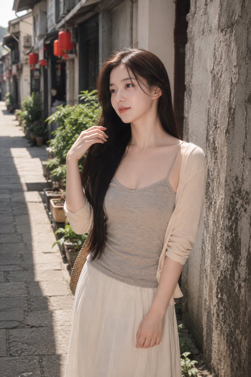 Retrato de moda en callejón soleado