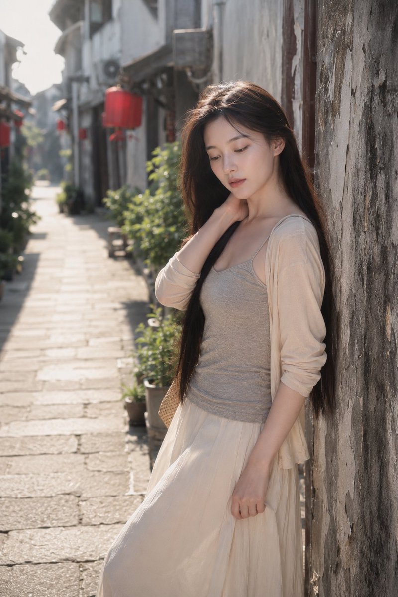 Retrato de moda en callejón soleado