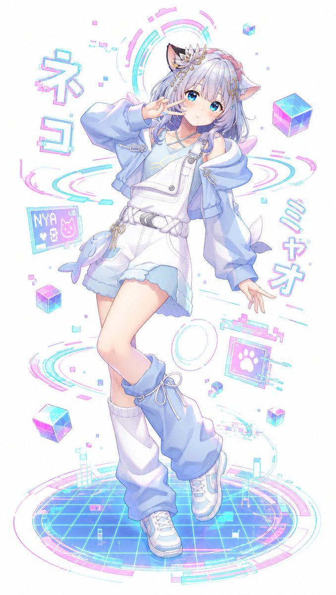 Fille anime aux oreilles de chat dans des tons pastel