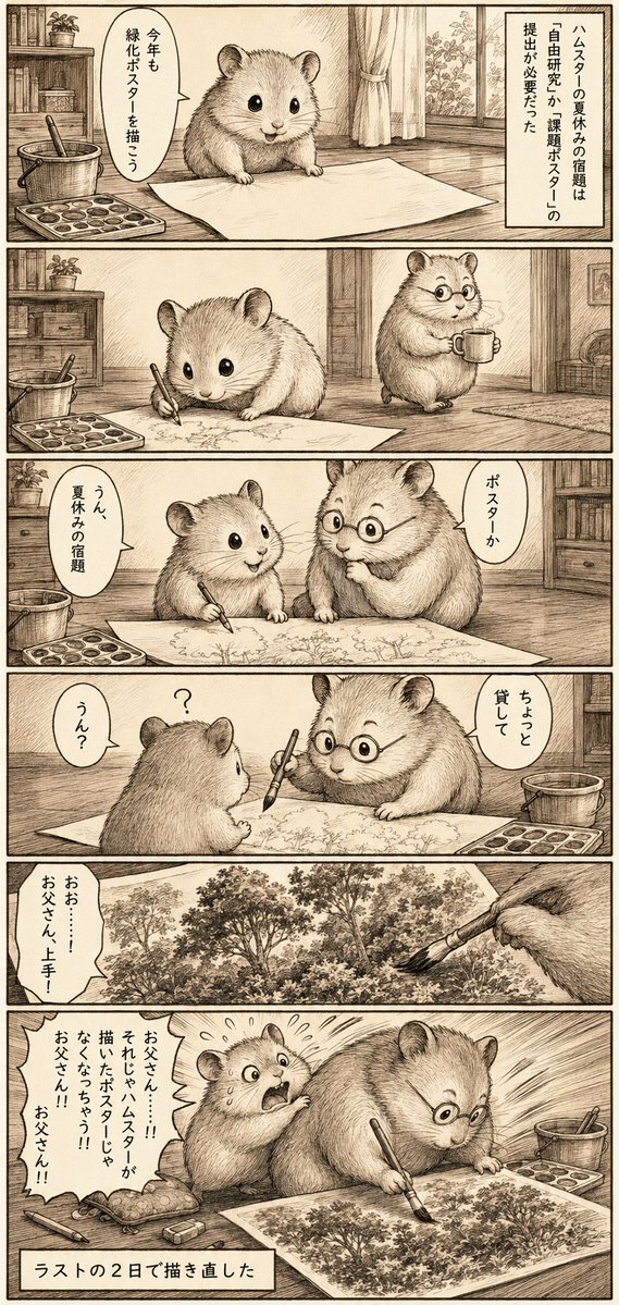 Manga sui compiti estivi del criceto color seppia