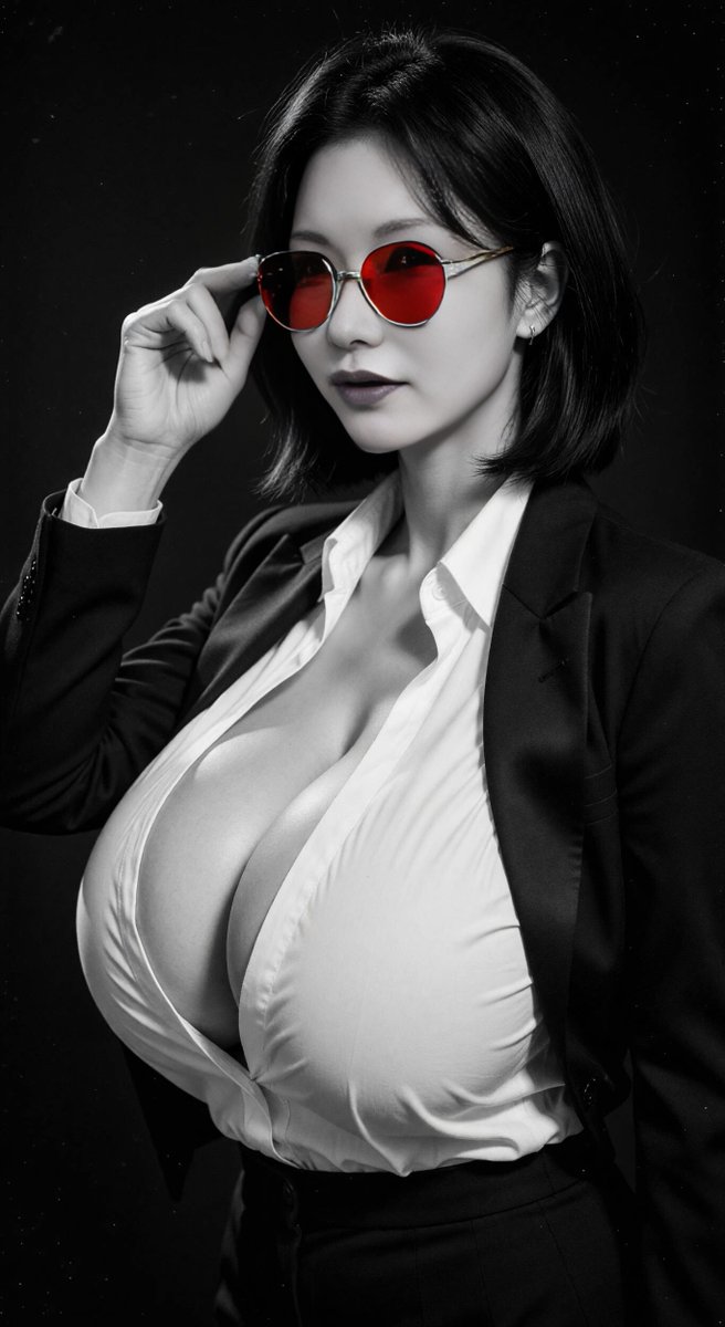 Retrato monocromático de jefa con gafas de sol rojas