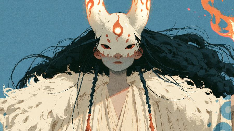Portrait d'un mage au masque de renard néon