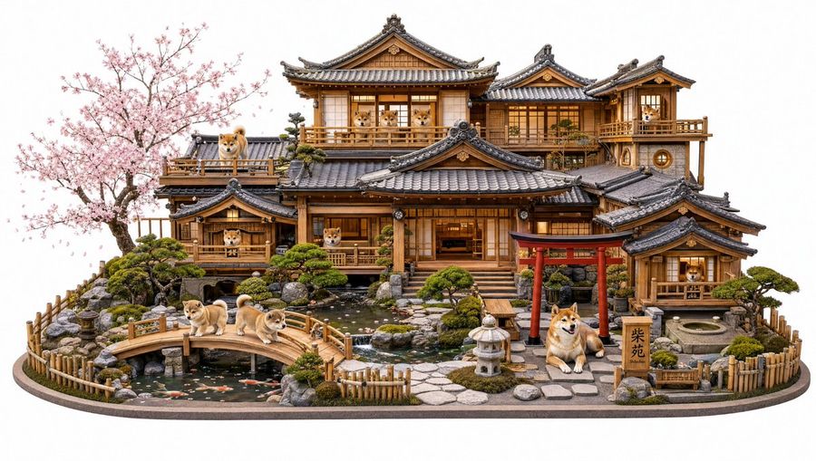 Diorama de manoir japonais pour Shiba Inu