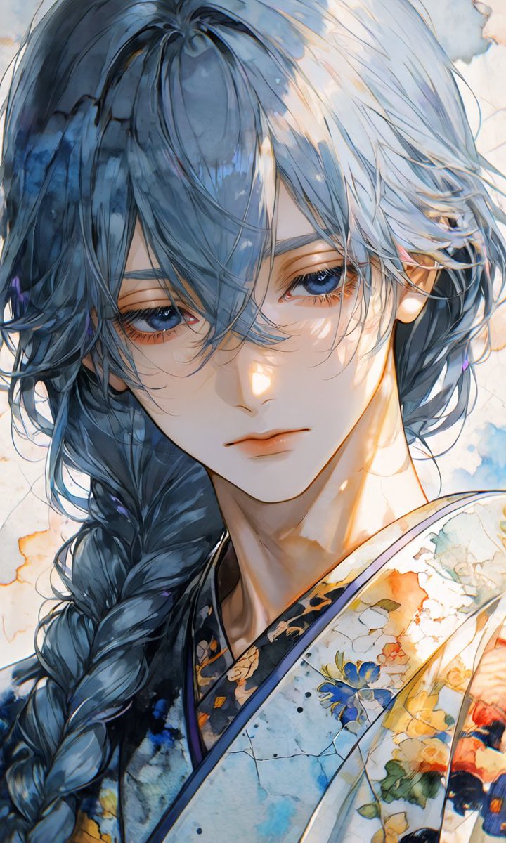 Ethereal Blue-Haired Kimono Portrait