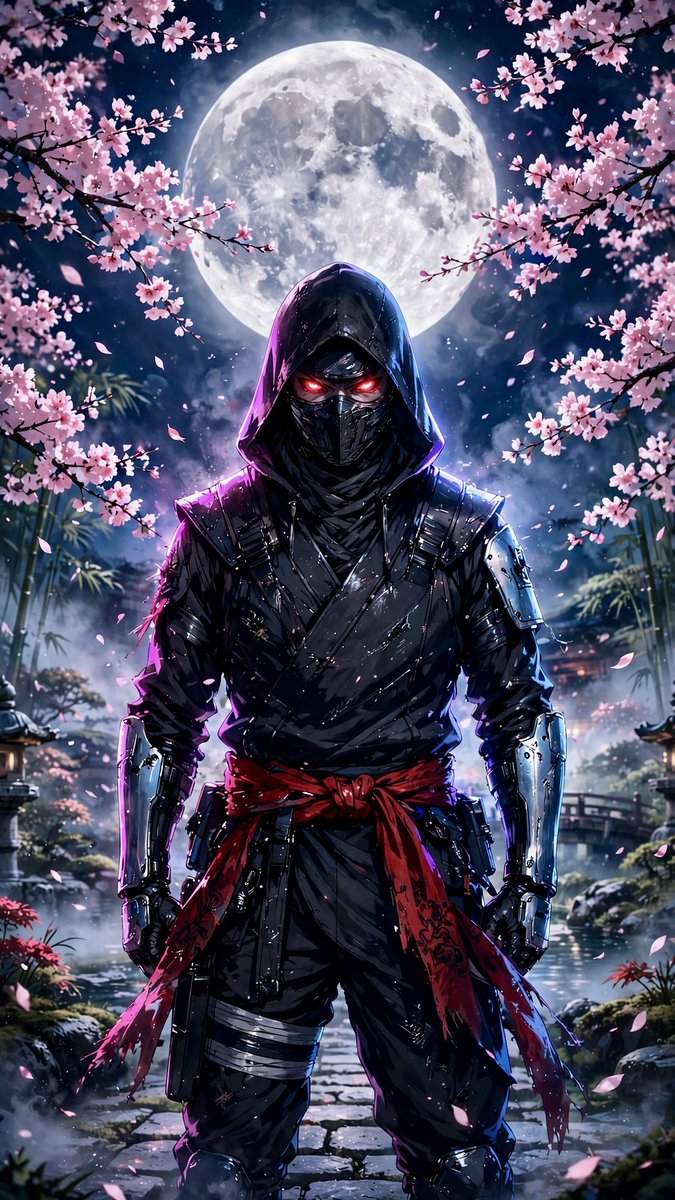 Ninja in Cherry Blossom Garden