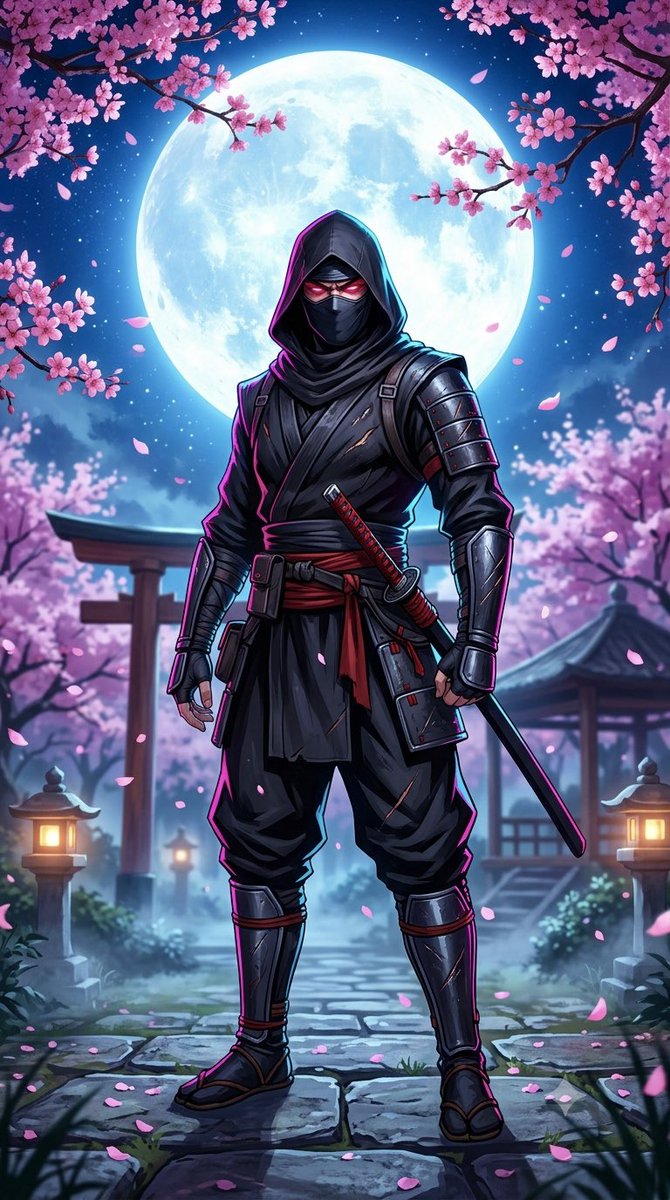 Ninja in Cherry Blossom Garden