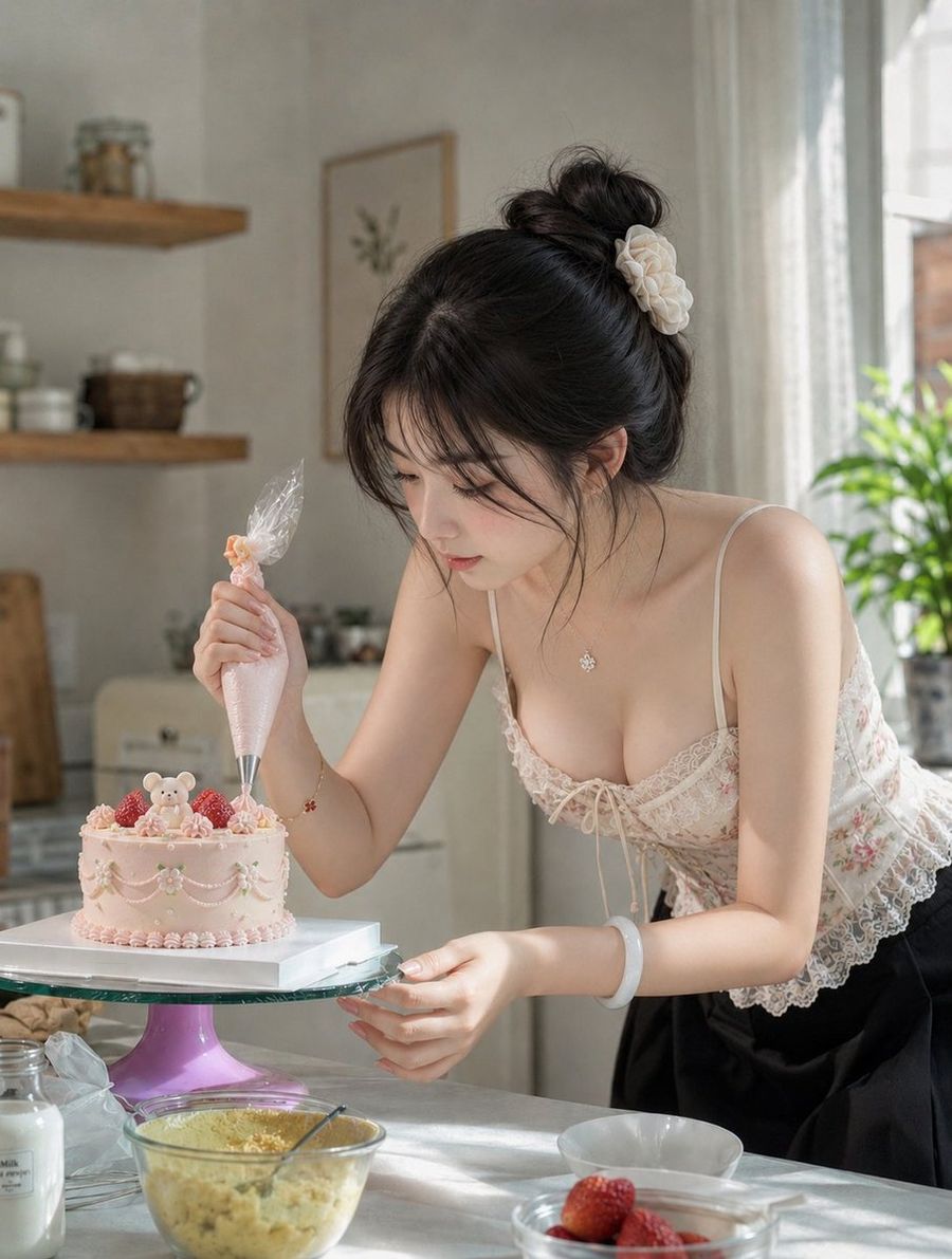 Woman Decorating Bear Strawberry Cake