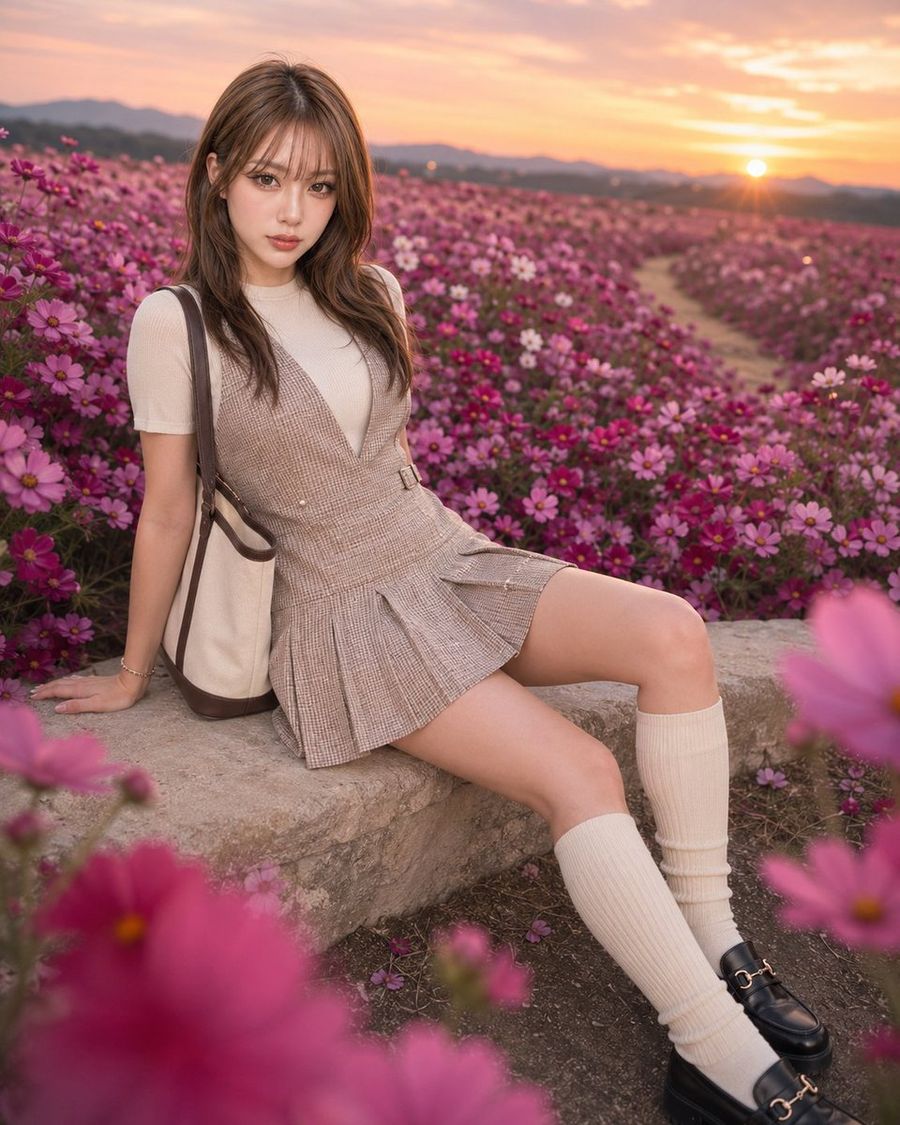 Fashion Portrait in Rose Cosmos Field