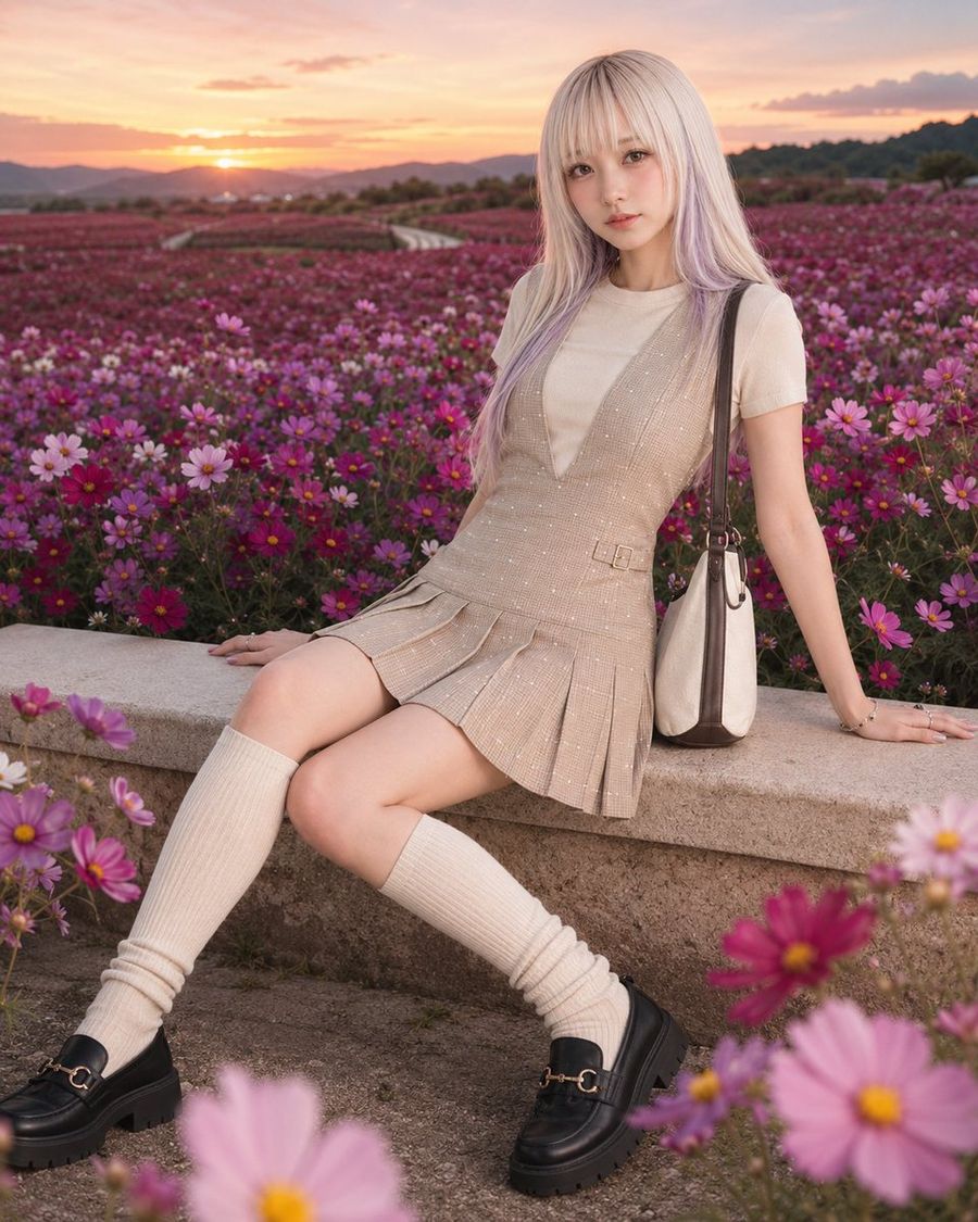 Fashion Portrait in Rose Cosmos Field