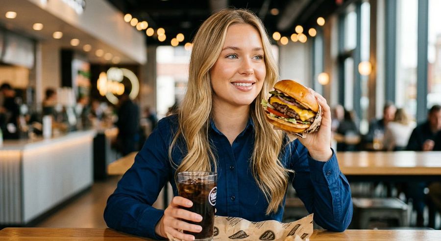 Woman enjoying fast food commercial portrait