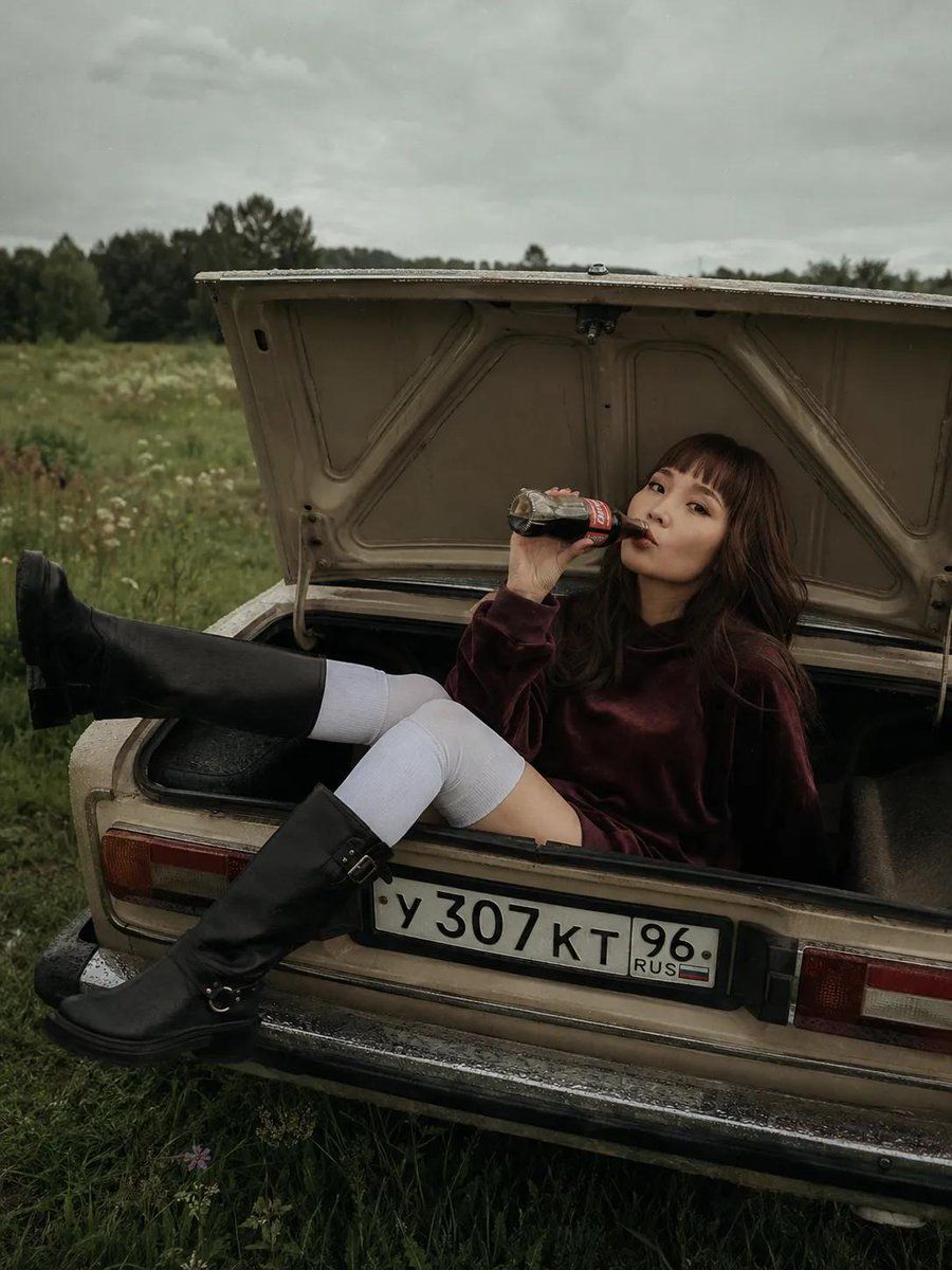 Vintage Soviet Sedan Meadow Portrait