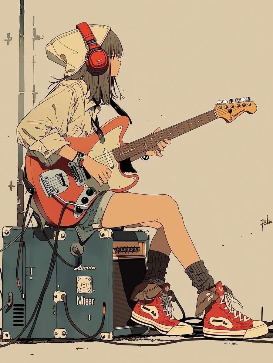 Minimalist Anime Tarzı Gitar Çalan Kız