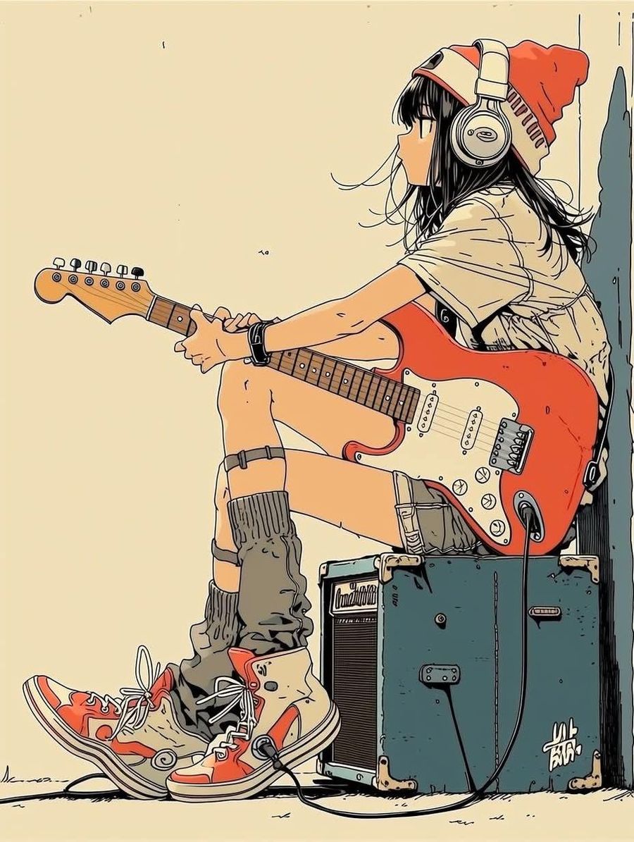Minimalist Anime Tarzı Gitar Çalan Kız