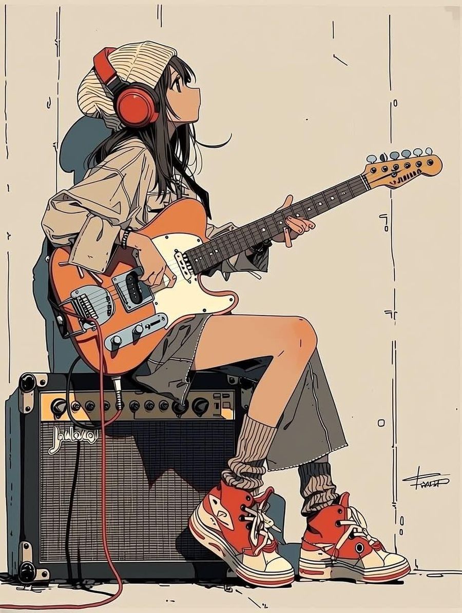 Minimalist Anime Tarzı Gitar Çalan Kız