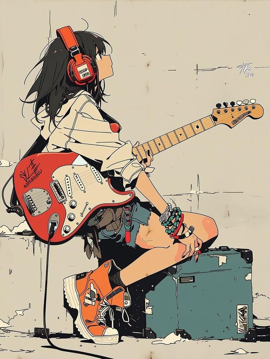 Minimalist Anime Girl with Guitar