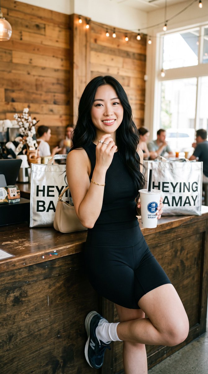 East Asian Woman Bubble Tea Cafe Portrait