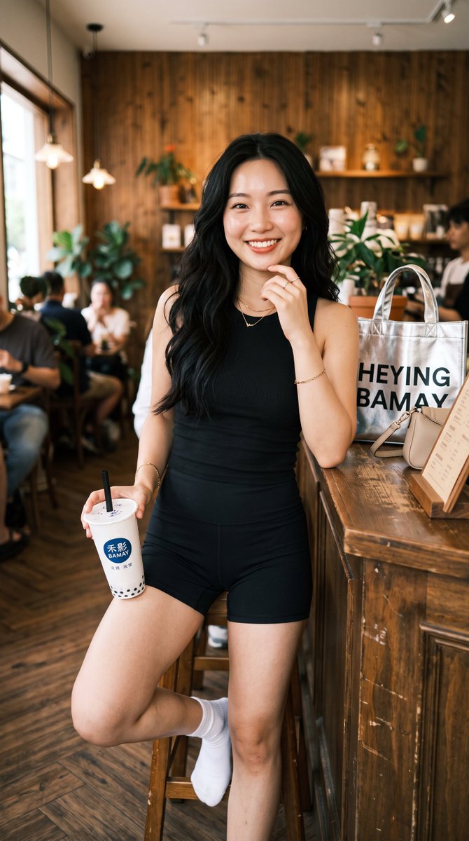 East Asian Woman Bubble Tea Cafe Portrait