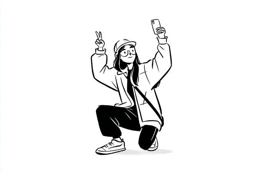 Ilustración de personaje con tinta en blanco y negro minimalista