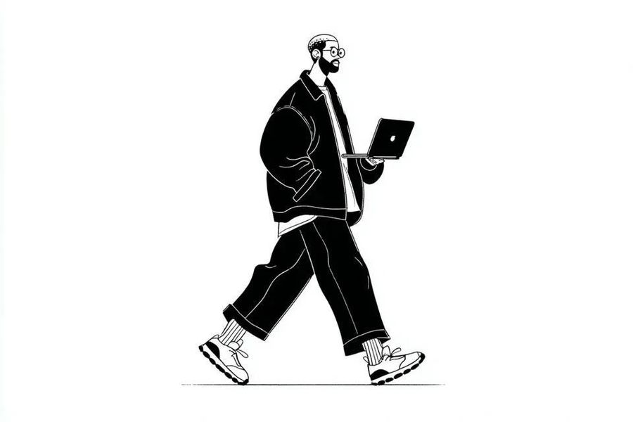 Ilustración de personaje con tinta en blanco y negro minimalista