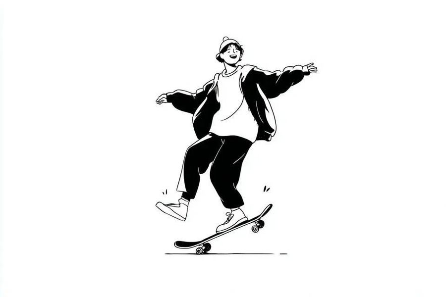 Ilustración de personaje con tinta en blanco y negro minimalista
