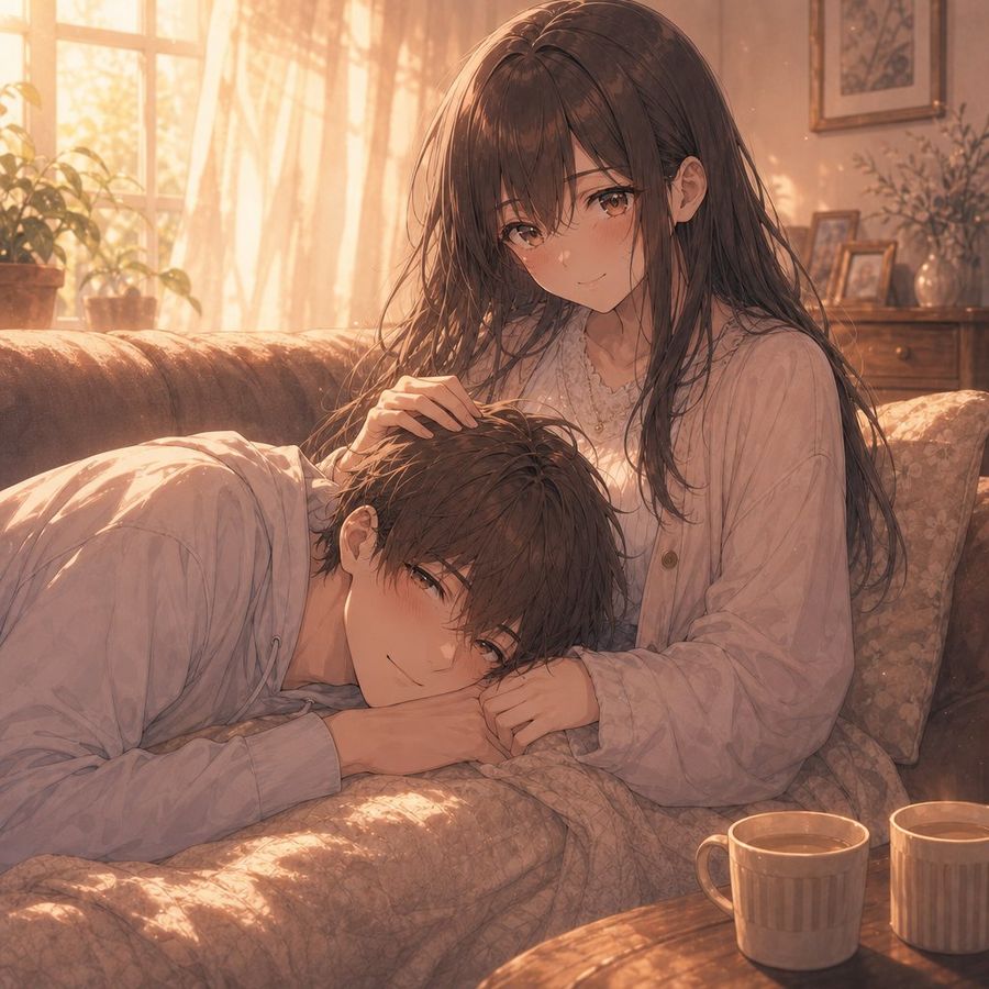Sunlit Anime Couple on Sofa
