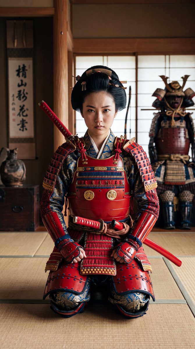 身穿紅色鎧甲的日本女武士