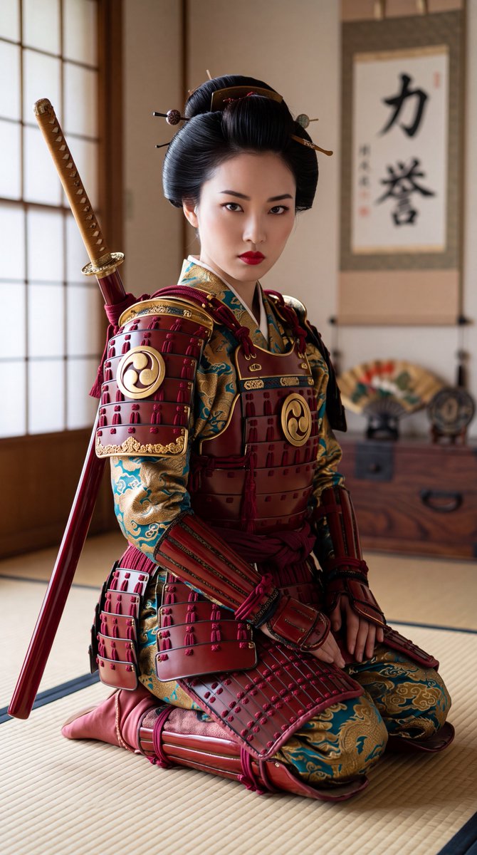 身穿紅色鎧甲的日本女武士