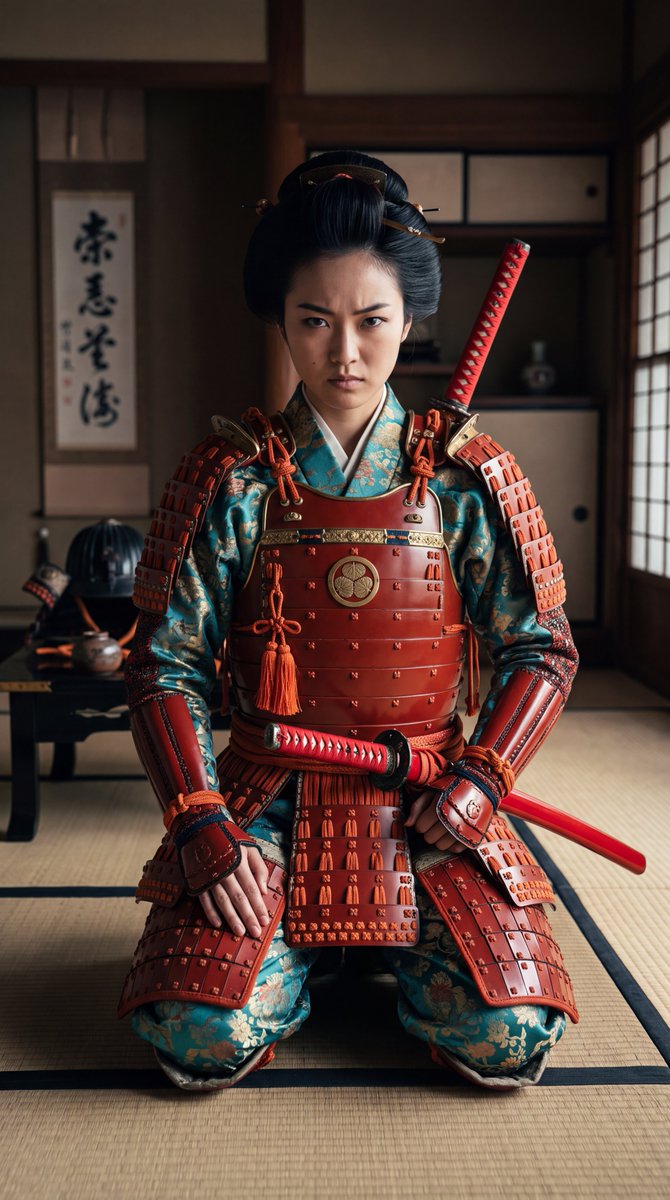 身穿紅色鎧甲的日本女武士