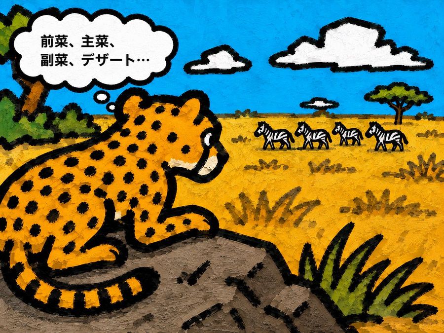 絵本風のサバンナとヒョウの吹き出し