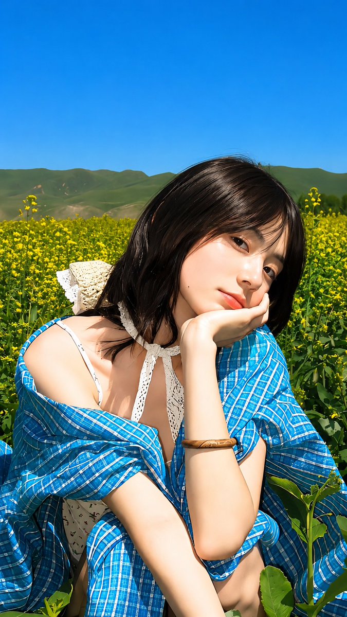 菜の花畑のファッションエディトリアル