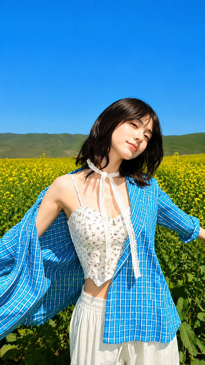 菜の花畑のファッションエディトリアル