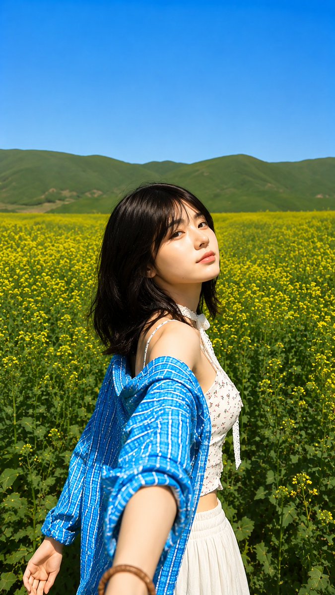 菜の花畑のファッションエディトリアル
