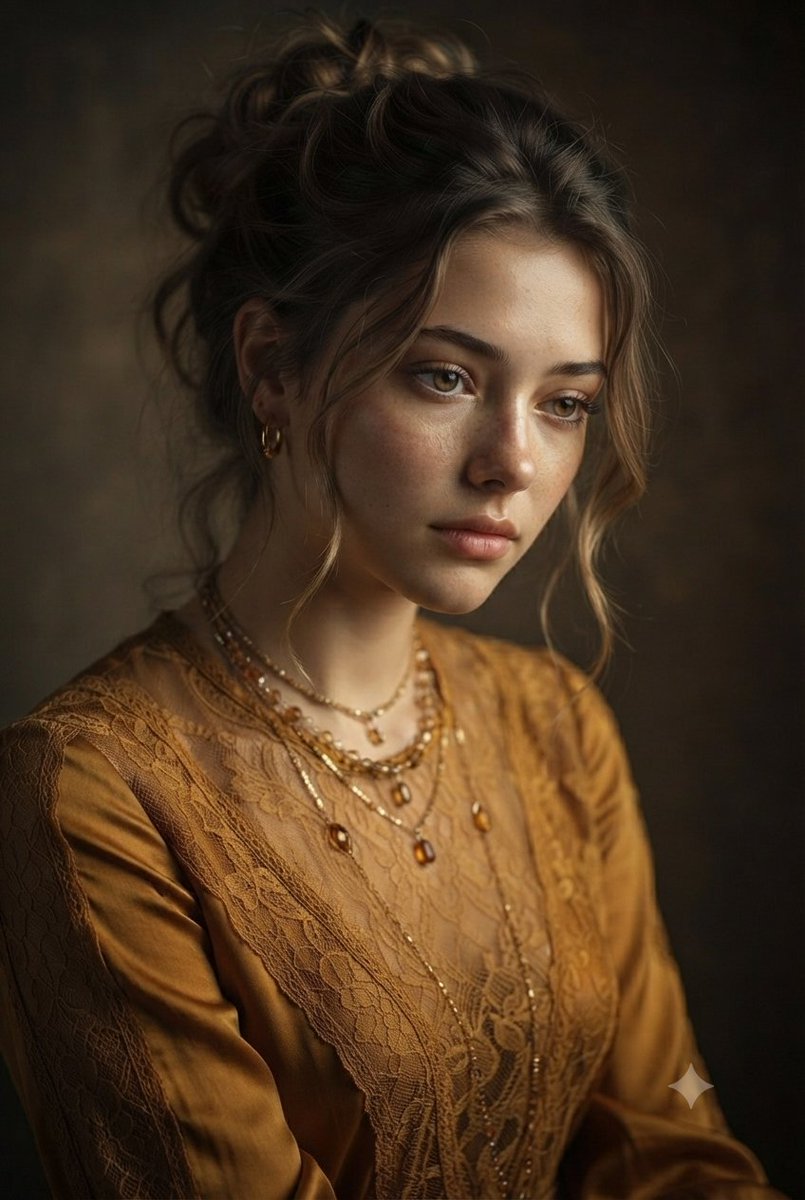 Retrato con vestido vintage color mostaza