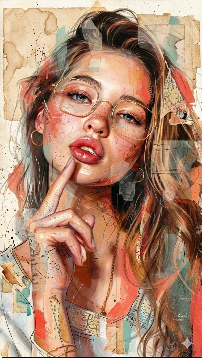 混合媒材抽象人像插畫